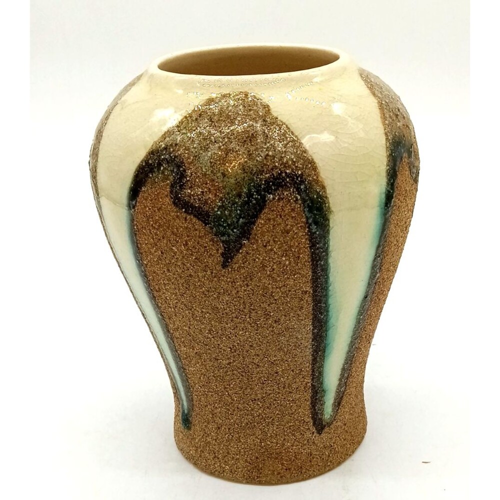 Vintage MCM Art Pottery Earthy Sand Texture Lava Glaze Vase Green Drip